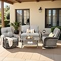 Weaxty Wicker Patio Furniture Set with Swivel Rocker Chairs Outdoor Loveseat Sofa and Rattan Coffee Table, 5 Pieces Outdoor Conversation Sets for Patio Porch Deck Backyard Poolside, Dark Gray