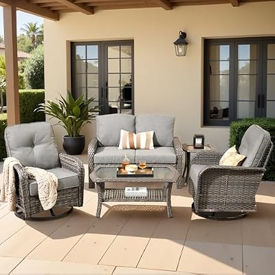 Weaxty Wicker Patio Furniture Set with Swivel Rocker Chairs Outdoor Loveseat Sofa and Rattan Coffee Table, 5 Pieces Outdoor Conversation Sets for Patio Porch Deck Backyard Poolside, Dark Gray