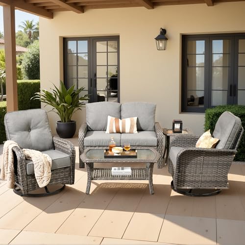 Weaxty Wicker Patio Furniture Set with Swivel Rocker Chairs Outdoor Loveseat Sofa and Rattan Coffee Table, 5 Pieces Outdoor Conversation Sets for Patio Porch Deck Backyard Poolside, Dark Gray