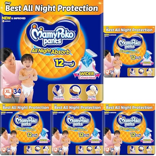 Image of Mamypoko pants All night absorb Pant Style Baby Diapers (XL)34 CountIdeal for 12-17Kgs|All night Absorption|Wider Crisscross Sheet|Gentle Coco Care12hr Leakage Protection Prevents Heaviness.