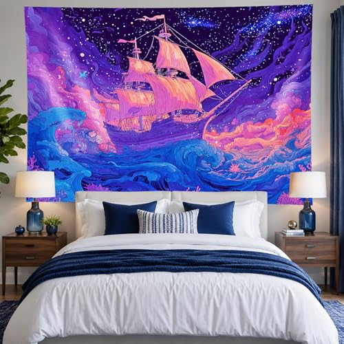 Image of BlissYard Psychedelic Ocean Ship Black Light Tapestry UV Reactive Trippy Sea Wave Wall Hanging 78x59 Inch Neon Sailing Scene Starry Sky Decor For Bedroom Living Room Dorm Party Decoration
