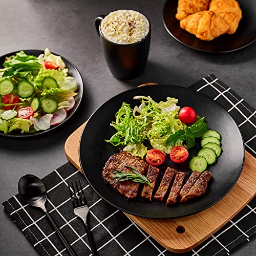 Creativeland Round Stoneware Dinnerware Set Durable Kitchen And Dining,16 Piece Service For 4,Pasta Bowls,Large Salad Bowls,Porcelain Bowl,Wide And Shallow,Microwave And Dishwasher Safe, Matte Black. #TOP6
