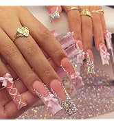 24Pcs Pink Bow Rhinestones Long Square Press on Nails French Tip Fake Nails Pink French Nails Pre...