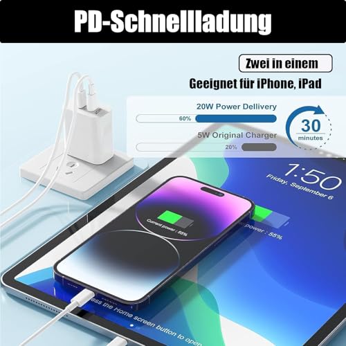 20 W USB C oplader, PD20 W oplader, USB C met 2 USB-C-aansluitingen, voeding voor iPhone 16/15/14/13 12 11 SE XS XR 8 7, wit - Afbeelding 6
