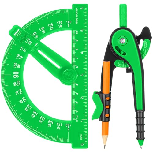 Zonon Student Protractor and Compass Set, Student Geometry Math Set Drawing Compass and 180 Degree 6 Inch Protractor with Swing Arm for Drawing Measuring School Office(Green)