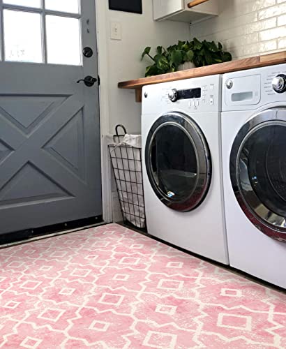 Wonnitar Moroccan Washable Area Rug - 3X5 Nursery Rug Pink Non-Slip Soft Bedroom Dorm Room Distressed Throw Mat Modern Geometric Trellis Floor Carpet For Home Office Bathroom Kids Room #TOP7