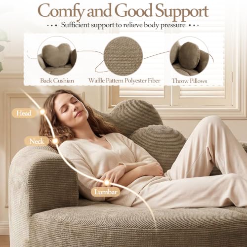 Image of Trustyue Boneless Couch,Comfy Fluffy Sofa Bed,Upholstered Sleeper Sofa with Cup Holder and Throw Pillows,Corduroy Plush Cloud Lounge Chair (Brown, Waffle Polyester)