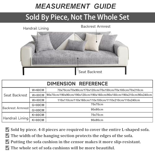 Sofa Überzug, Couch Überzug L Form 1/2/3/4 Sitzer, Sofa Cover Sofabezug Ecksofa Rutschfeste Sofaschoner, Sofadecken für Sitzfläche, Universelle Sofa Überwurf,Hellgrau,45 x 45 cm Kopfkissenbezug