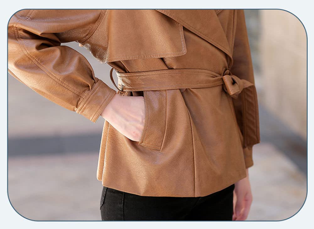 Chaqueta Mujer Primavera,Gabardina Corta De Piel Sintética Para Mujer, Chaqueta Marrón Con Broche De Solapa Y Cinturón, Moda De Manga Larga, Ajustado, Moto Biker, Abrigo De Pu, Bombardero, Prenda
