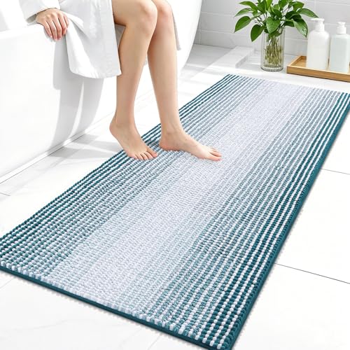 Image of OLANLY Bathroom Runner Rugs 44x24, Extra Soft Absorbent Chenille Striped Bath Rugs, Rubber Backing, Machine Wash Dry, Long Bath Mats for Bathroom, Tub, Shower, Home Decor Accessories, Peacock Blue