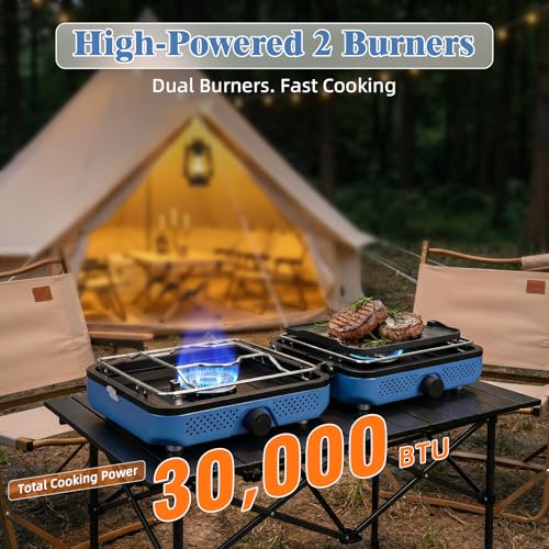 Hisencn Camping Stove,2 Burner Propane Camping Stove with Cookware Set,30,000 BTU Foldable Portable Gas Stove with Carry Bag,Outdoor Cooking Stove for Camping Gear,RV Essentials & Emergency,Blue - Thumbnail 3
