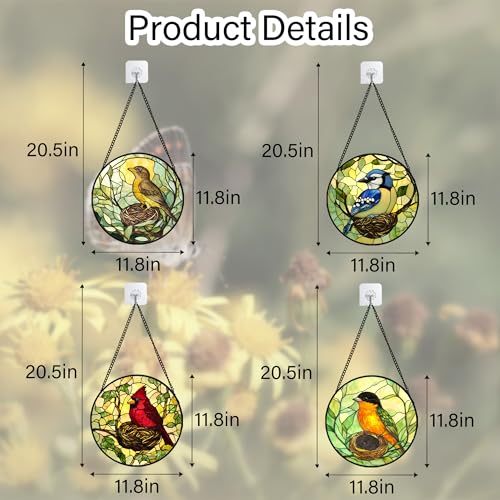 Image of DASTOLL Stained Glass Window Hanging 4 Pcs Set Bird Theme On Branch Large 11.8 inch - Cardinal Suncatcher Door Garden Sun Catcher Decor Birthday Christmas for Mom Woman Nana Men