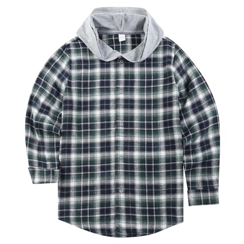 Unisex Kids Flannel Plaid Shirts Boy Girl Button Down Long Sleeve Shirt with Hood 5-12Years