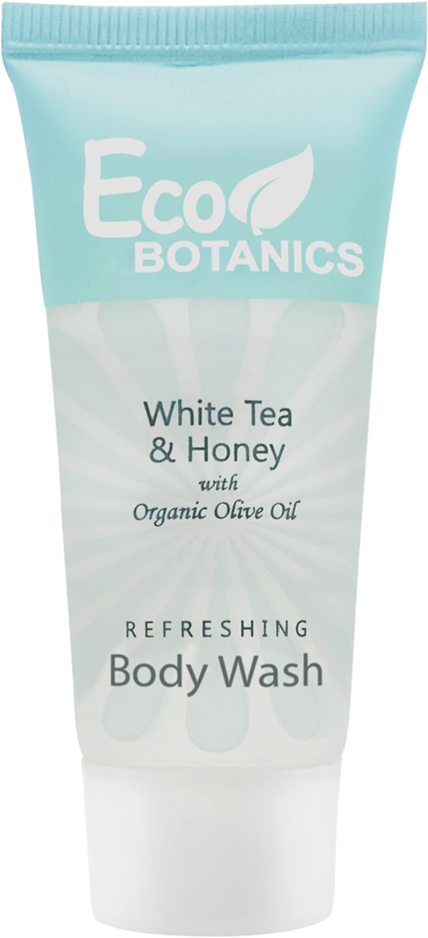 Eco Botanics Travel Size Hotel Body Wash 20 Count 0.85 oz Bottles Guest Amenities for Vacation Rentals and Short Term Rentals Paraben Free White Tea Scent Infused with Aloe Honey and Olive Oil