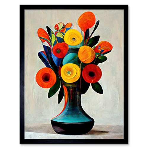Wee Blue Coo Midcentury Style Bright Floral Bouquet Flowers Painting Orange Yellow Red Turquoise Art Print Framed Poster Wall Decor 12x16 inch