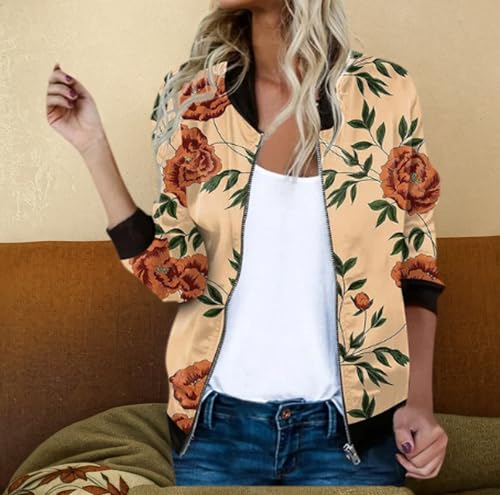 HipGlamp Women's Floral Print Bomber Jacket Casual Vintage Zip Coat Lightweight Long Sleeve Outwear Tops Windbreaker3