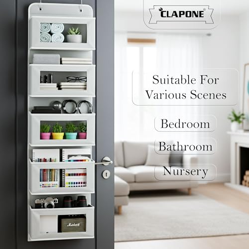 Image of CLAPONE Over the Door Organizer /Large Pockets - Anti-Tilt Hanging Storage for Bedroom /Closet Door Storage /Bathroom /Pantry /Nursery /Bedroom (Grey, 5 Shelf Hanging Door)