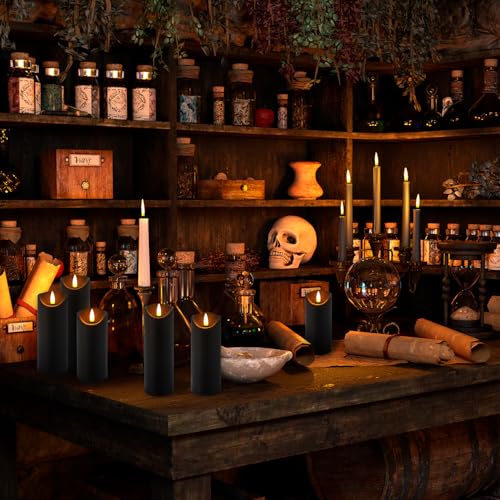 Image of Black Flameless LED Candles with Remote Timer, 72 Pack Battery Operated Flickering Pillar Candles, Waterproof Electric Fake Candles for Halloween Decor, Spooky Party, Haunted House, Indoor Outdoor Use