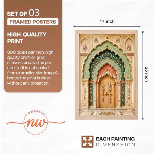 Image of NoWorries Arch Wall Art Set of 3 Framed Prints | Indian Traditional Palace Door Painting, Royal Rajasthani Architecture Poster, Vintage Floral Ethnic Wall Decor for Living Room Bedroom Home (Synthetic Engineered Wooden Frame) (MIN -3, 17x25 inches)