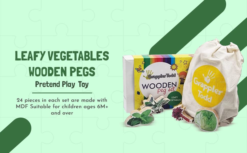 GrapplerTodd, Pack of 12 in 1, Leafy Vegetables Premium Wooden Shape Toys, Real Images Educational Toy, 6 Months to 6 Years Kids