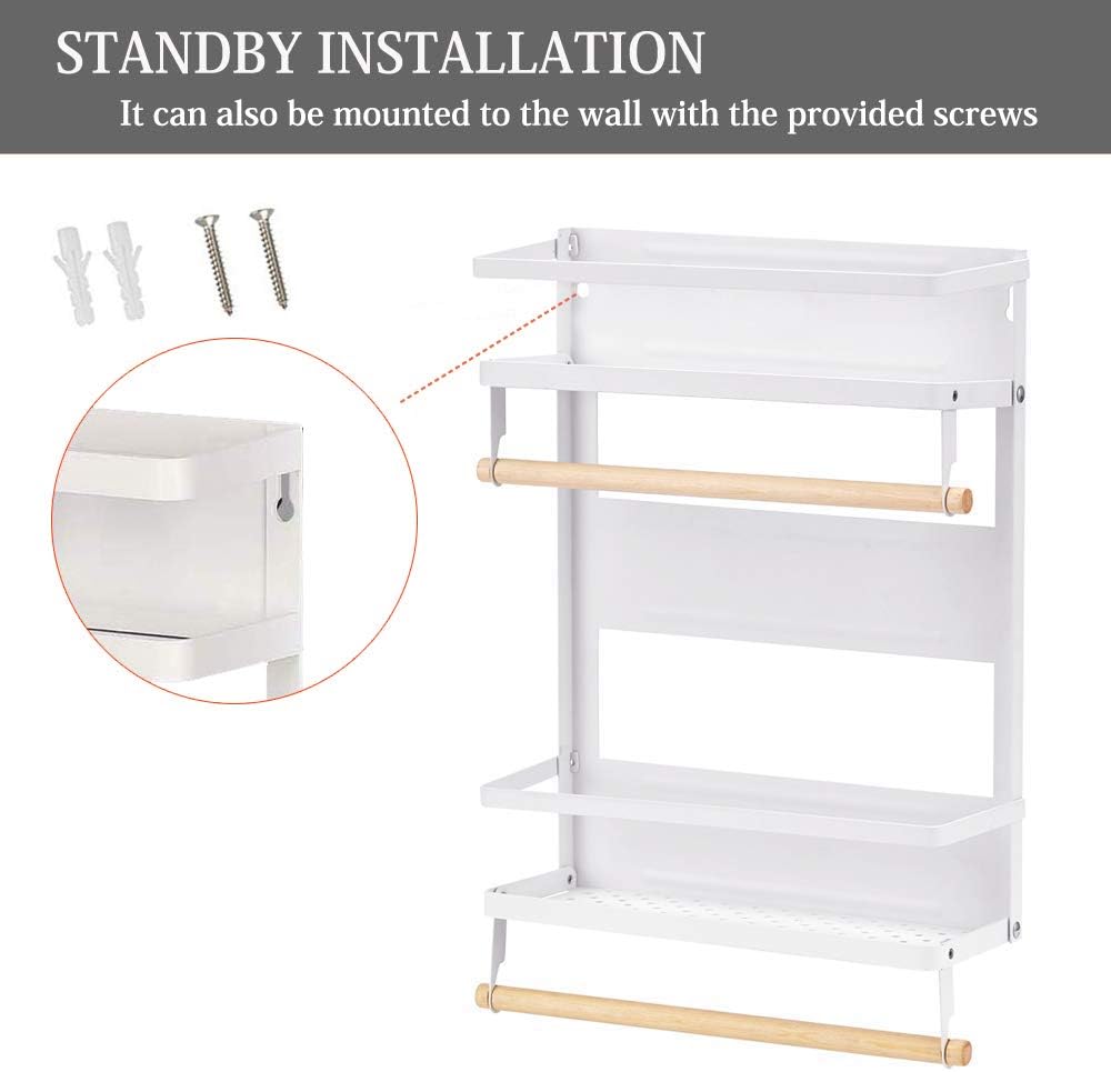 Refrigerator Magnetic Spice Rack,Foldable Kitchen Magnetic Side Storage Organizer Shelf with Wooden Holder,White