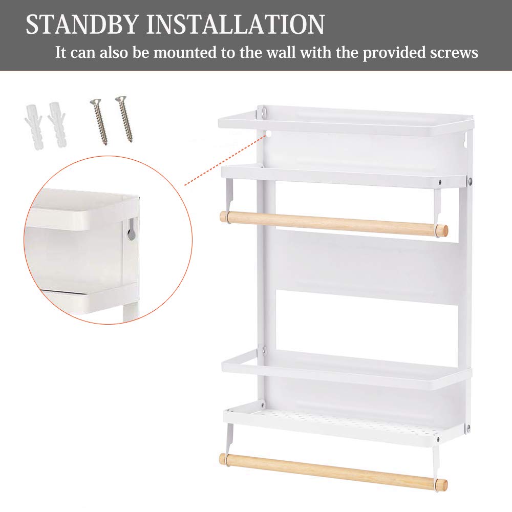 Magnetisches Gewürzregal für Kühlschrank, faltbar, Küche, magnetisch, mit Holzhalter, Weiß
