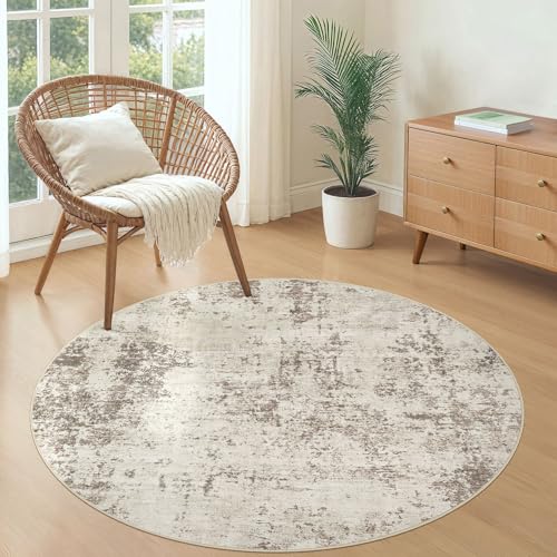 4ft Round Area Rug Living Room Rugs - 4x4 Washable Neutral Modern Abstract Soft Thin Rug Indoor Floor No Slip Rug Carpet for Bedroom Under Dining Table Home Office Decor - Dark Brown