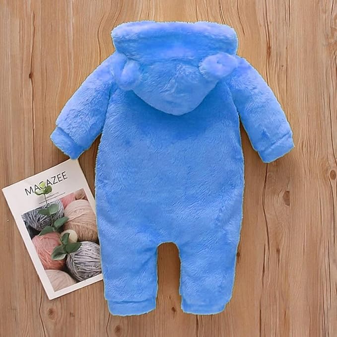 Image of BABYZONE Fluffy Fleece Baby Romper - Hooded Bear Ear Winter Jumpsuit for Boys & Girls
