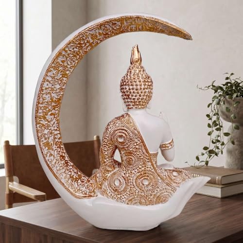 Image of Antique Big Meditating Moon Buddha Statue Showpiece for Home Decor - Living Room - House Warming - Office - Gifting - Buddha Idol Polyresin Decorative Figurine (9 Inch / 23 cm, White, Gold)