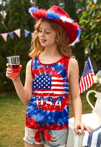 Image of July 4th Girls Patriotic Sleeveless Tie Knot Front Tank Top Stars Stripes Tee Shirt 4-14 Years