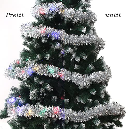 Ccinee Christmas Prelit Tinsel Garland, 33 Ft Silver Hanging Garland With 100 Multicolored Battery Operated Led String Lights For Christmas Tree Decorations Wedding Party Supplies #TOP4