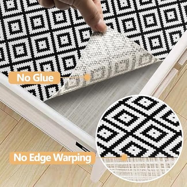 Drawer Shelf Liner Non Adhesive, Slip Resistant Easy to Clean Protect Kitchen Mats Thickened Strong Grip for Cabinet, Pantry, Tool Box, Cupboard, Dresser, Bathroom (Black and White, 12 in x 10 FT)