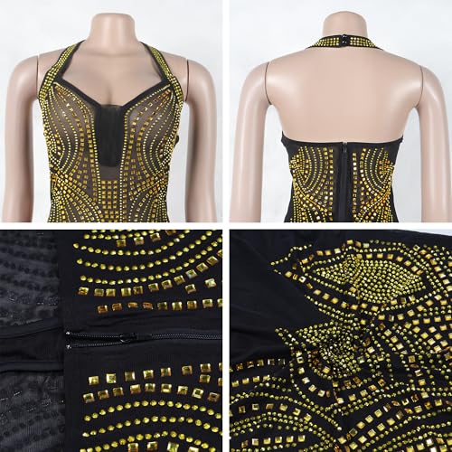 Image of Jigfar Women Sexy Elegant Rhinestone Mesh See Through Party Club Night Split Bodycon Formal Maxi Dress