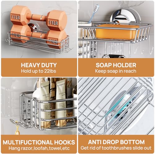Image of LEVERLOC Shower Caddy Suction Cup, 3 Pack Heavy Duty Bathroom Organizer for Inside Shower with Hooks & Soap Holder, Removable Bathroom Organizer, Rustproof Silver Holder Storage Storage,Silver