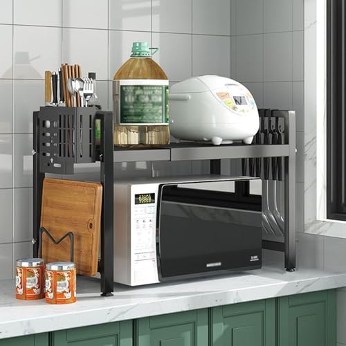 ViWaVee Étagère extensible pour micro-ondes à 2 niveaux, étagère à micro-ondes en acier au carbone, étagère de cuisine debout avec porte-baguettes et support de planche à découper, extensible de 40 à