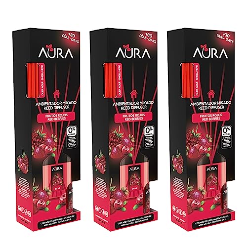 AURA | Pack 3 Ambientador Mikado con Varillas | Aroma Frutos Rojos | Larga Duración 4 Semanas | 0% Alcohol | 3x30ml