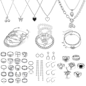 35-53 Pcs Silver Gold Jewelry Set for Women 12-30 Pcs Rings 4-7 Pcs Necklace 11-14 Pcs Bracelet and 5-16 Earring, Indie Stackable Vintage Boho Pearl Adjustable Jewerly Pack
