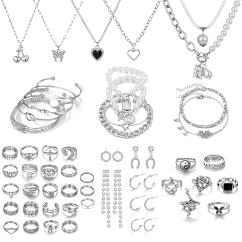 17IF 53 PCS(8 PACK) Silver Plated Jewelry Set with 6 Necklace 11 Ankle Bracelet 30 Kunckle Ring 6 Pair Earring hoop Vintage Boho Pearl for Women and Birthday Travel Holiday