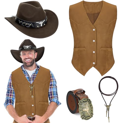 Ensemble de 4 Pièces Tenue Western pour Homme – Gilet Cowboy en Suédine, Chapeau, Cravate Bolo et Ceinture avec Boucle pour Déguisement Halloween (Marron,...