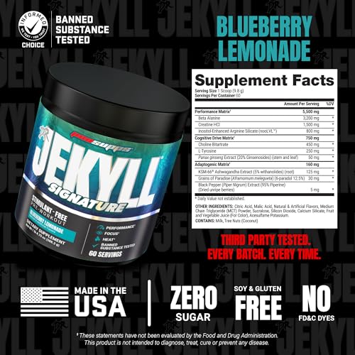 Image of ProSupps Dr. Jekyll Signature Pre Workout Powder with Creatine - Stim-Free Preworkout Supports Focus & Endurance - Caffeine-Free Gym & Fitness Supplements (Blueberry Lemonade, 60 Servings)