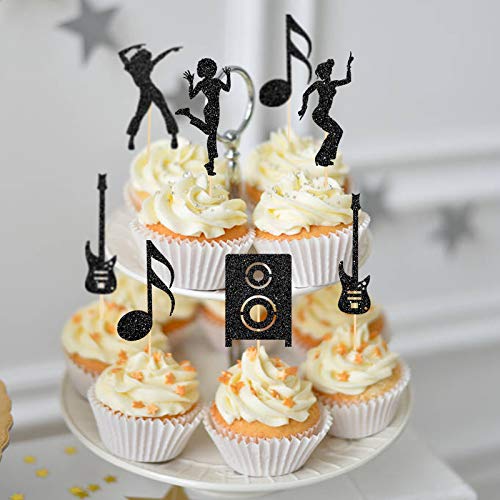 Innoru Pack Of 24 Disco Cupcake Toppers - Glitter Dancing Hip Hop Theme Cupcake Toppers - Birthday Cake Decor Wedding Anniversary Musical Party Supplies For Cupcake Toppers - Black #TOP3