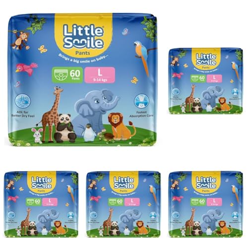 Image of Baby Diapers Pant Style | Large (L) Size | Ideal for 9-14 Kgs Baby | 60 Count- Odorless and Antibacterial Layer with Urine Indicator (Pack of 5)