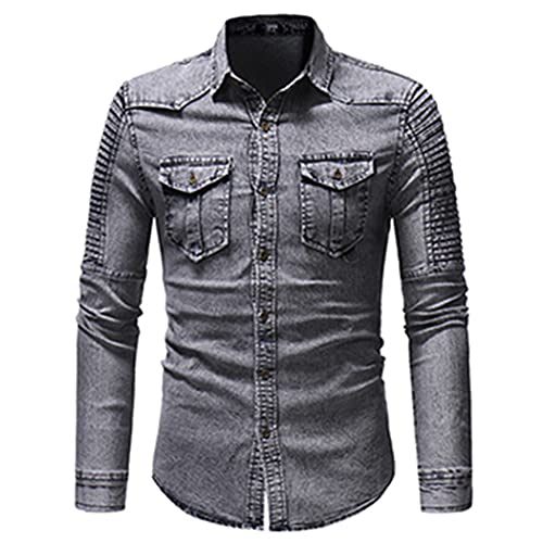 Chemise en jean pour homme gris coupe slim en coton manches longues 3XL