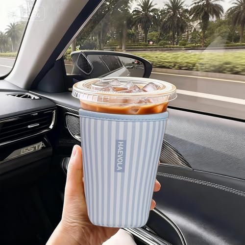 Image of Reusable Insulated Neoprene Iced Coffee Cup Sleeve, Durable Drink Sleeve for Cold Beverages, Beverage Holder for Iced Coffee, Blue Stripes