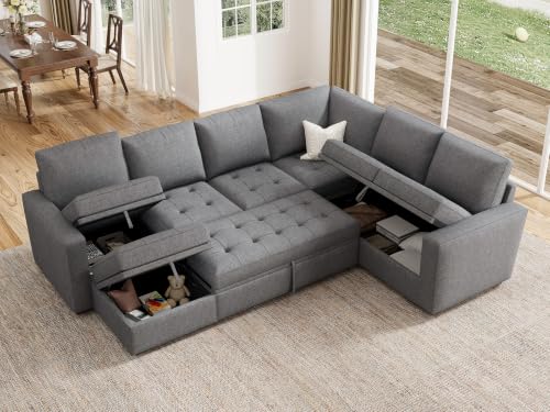 Image of HONBAY Modular Sleeper Sectional Pull Out Bed with Storage,Grey