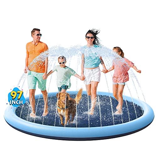 Image of VISTOP Non-Slip Splash Pad for Kids and Dog, Thicken Sprinkler Pool Summer Outdoor Water Toys - Fun Backyard Fountain Play Mat for Baby Girls Boys Children or Pet Dog (97 inch, Blue&Blue)