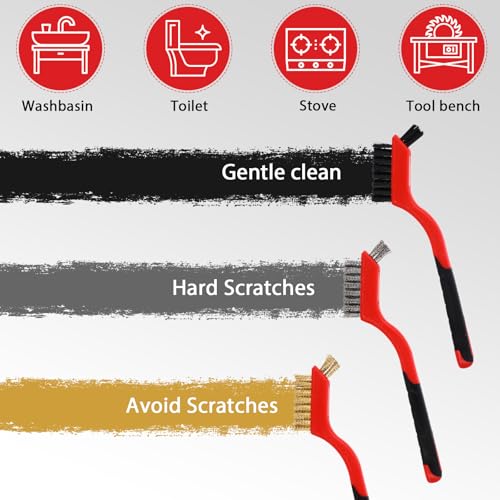 Image of Reallnaive 50 Pcs Wire Brushes for Cleaning Rust 7 Inch Brass /Stainless Steel /Nylon Wire Brushes with Curved Handle Grip for Deep Cleaning Small Parts Rust Dirt Paint Scrubbing