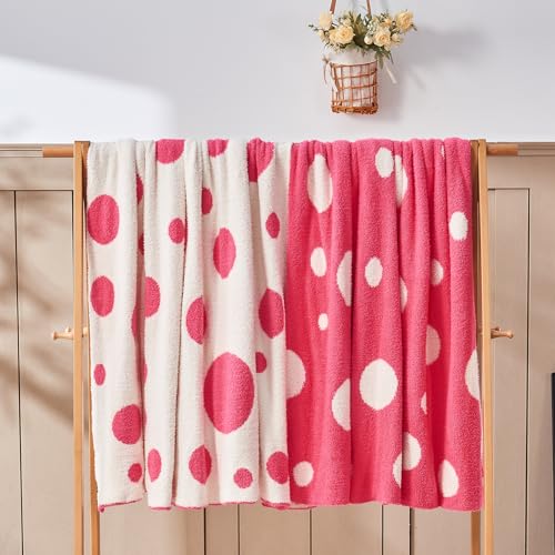 Image of CozeCube Reversible Knit Throw Blanket, Hot Pink White Polka Dot, 60 inchx80 inch