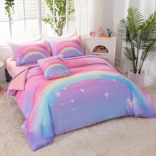 Image of Glitter Rainbow Queen Size Girls Bedding 6 Pieces Colorful Galaxy Comforter Set with Sheets Pink Purple Gradient Bed in A Bag for Kids Teen Girl (Glitter Rainbow, Queen)