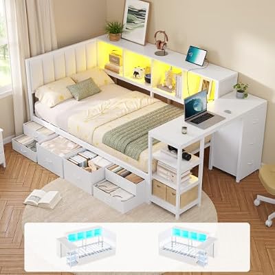DICTAC Twin Corner Bed Frame with Desk,Storage Drawers and LED Lights,White